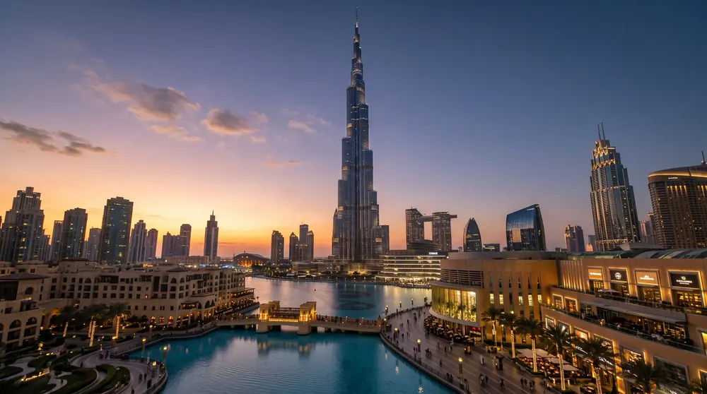 Burj Khalifa and Downtown Dubai at sunset