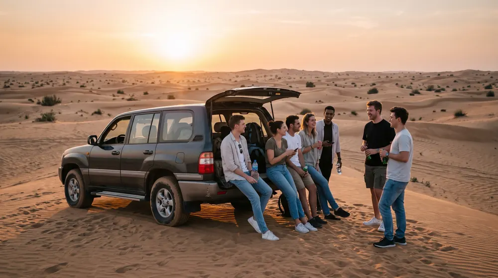 Students relaxing beside a 4x4 on Dubai sand dunes at sunset