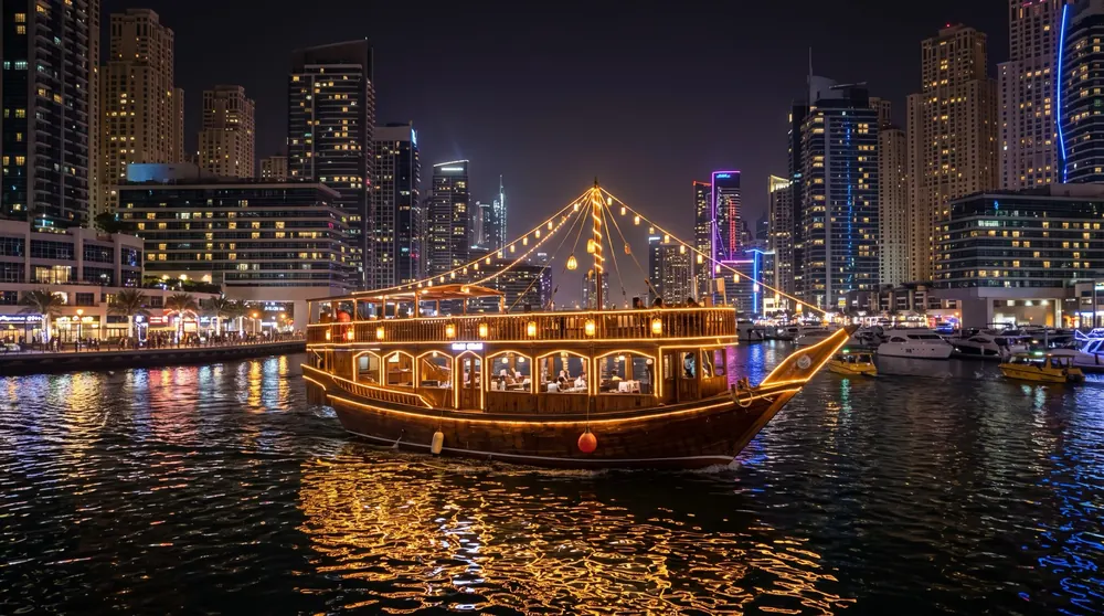 Illuminated wooden dhow cruising through Dubai Marina at night