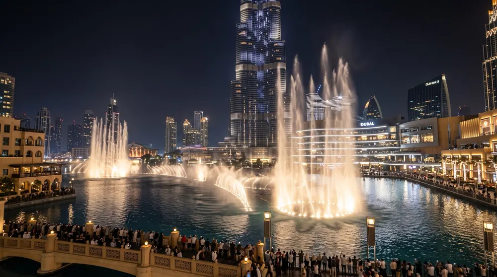 The Dubai Fountain show at night in front of the Burj Khalifa