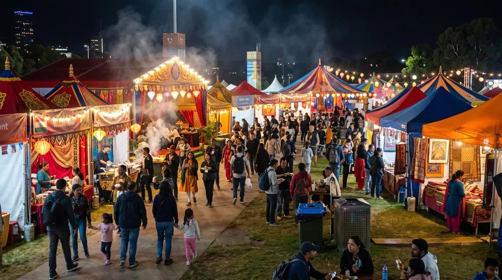 Colourful festival pavilions and food stalls at night