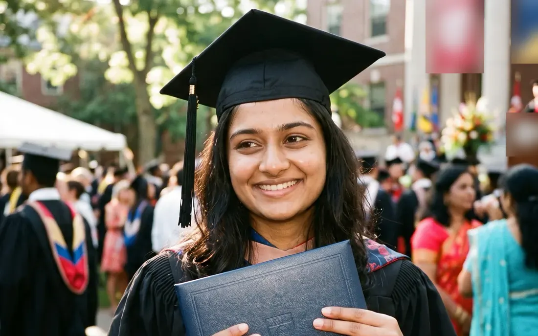 Smiling graduate holding her certificate folder at a ceremony