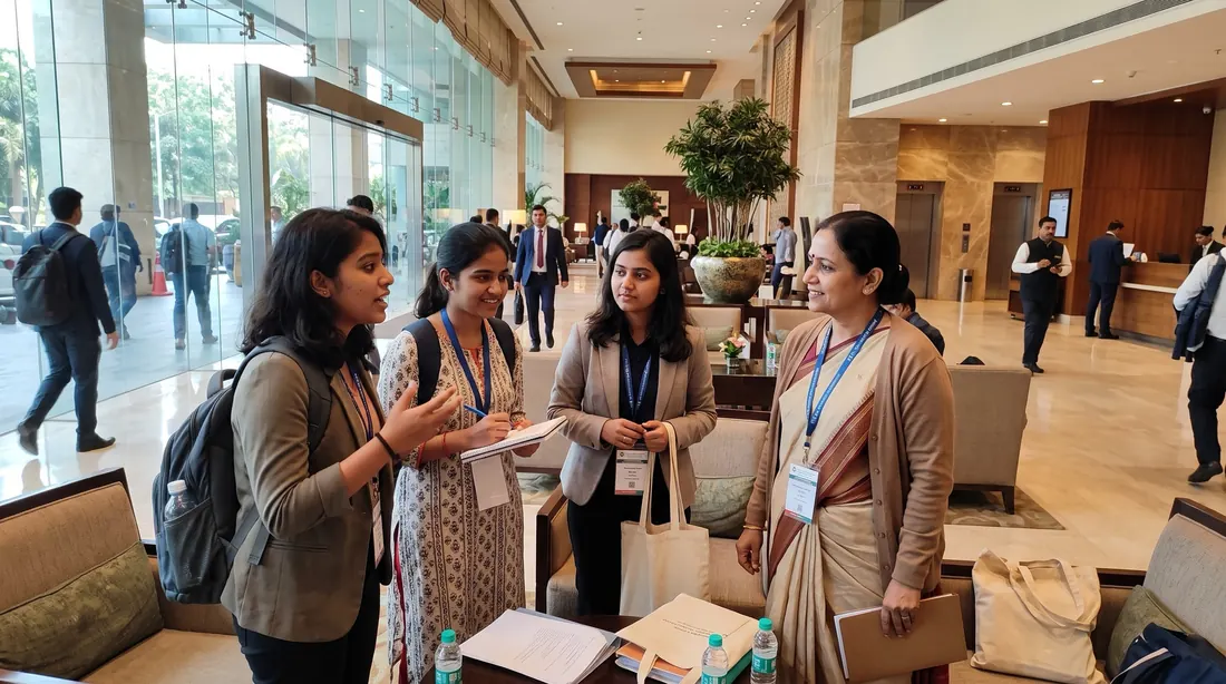 Indian students talking with their faculty member in a hotel lobby