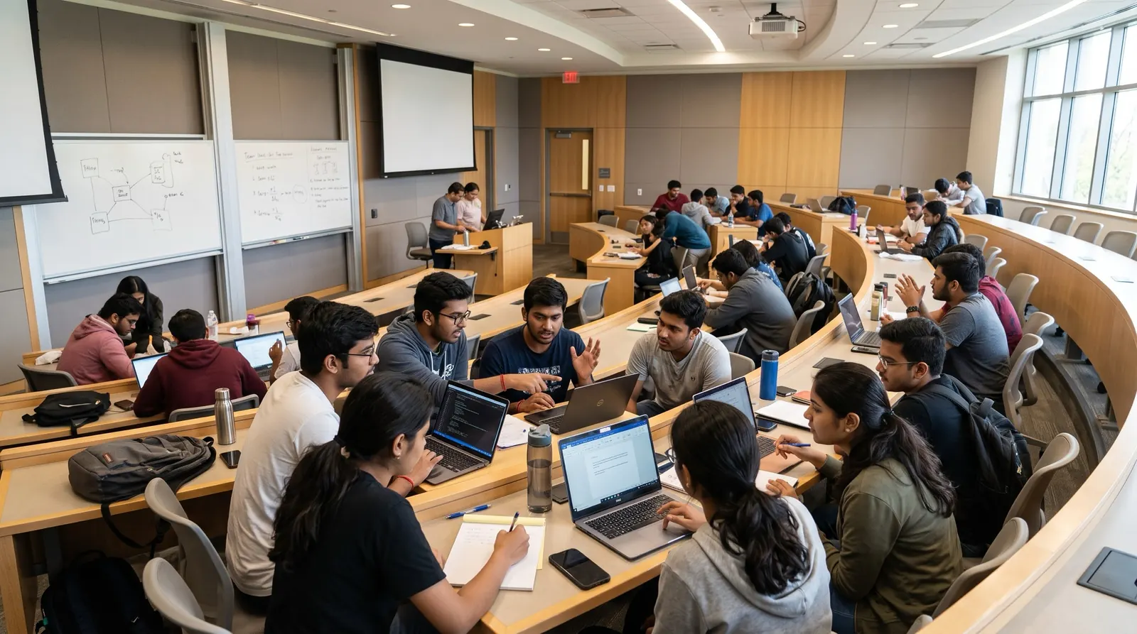 Indian college students working in teams with laptops in a modern lecture room